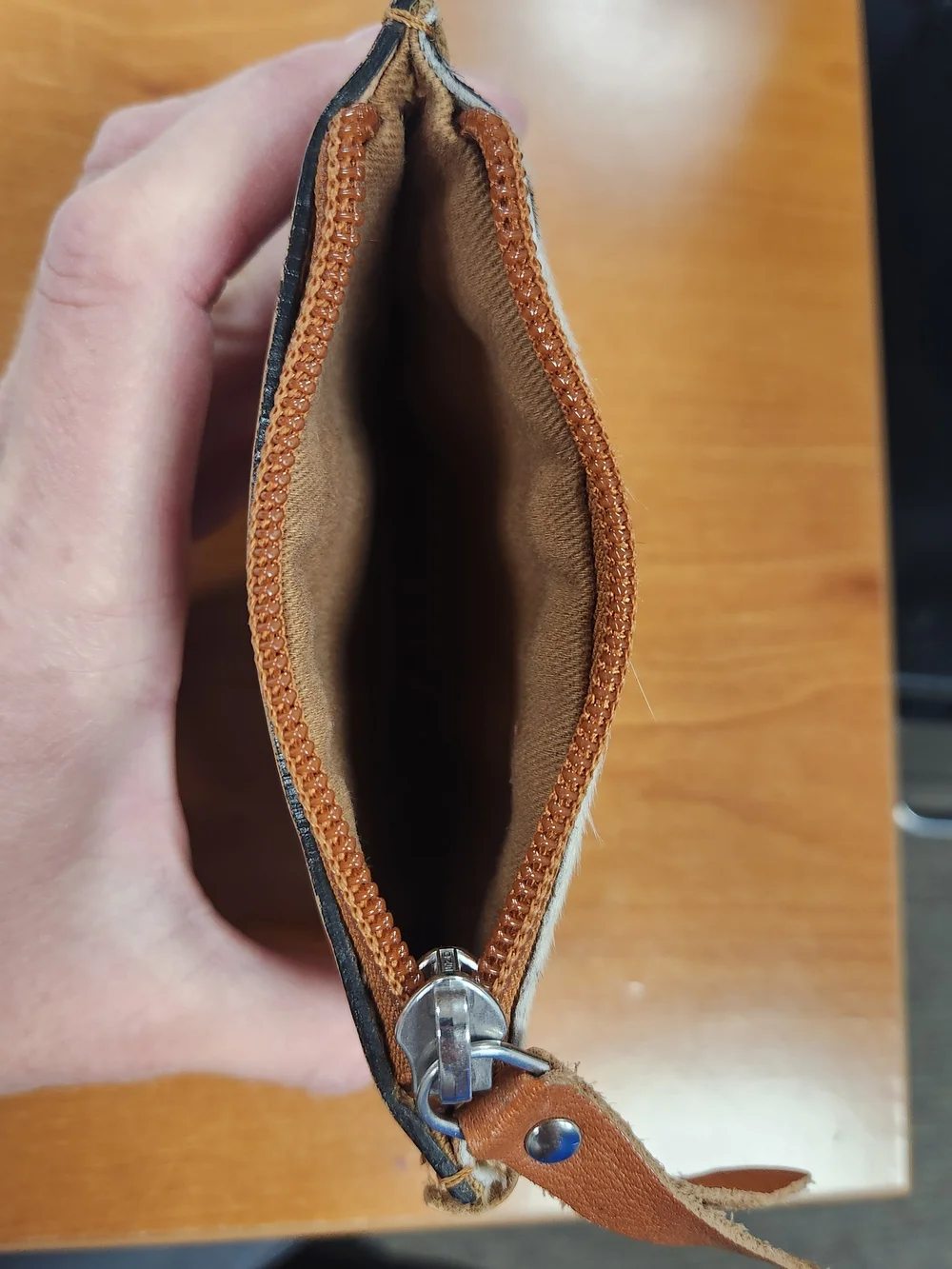 Hand-Tooled Floral Leather Cow Print Zip Coin Purse- Tan